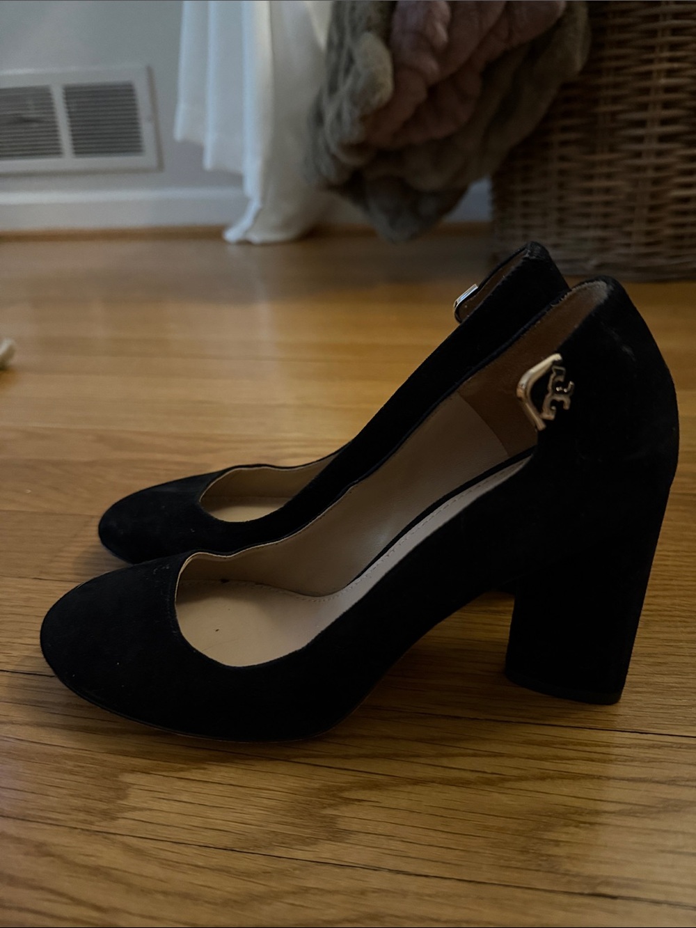 Tory Burch Black Suede Block Heel Pumps with Gold Logo Accent